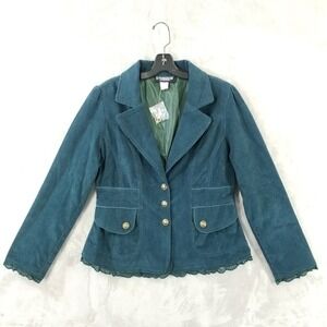 The Pyramid Collection Blazer Women M Teal Forest Green Corduroy Lace Trim Twee